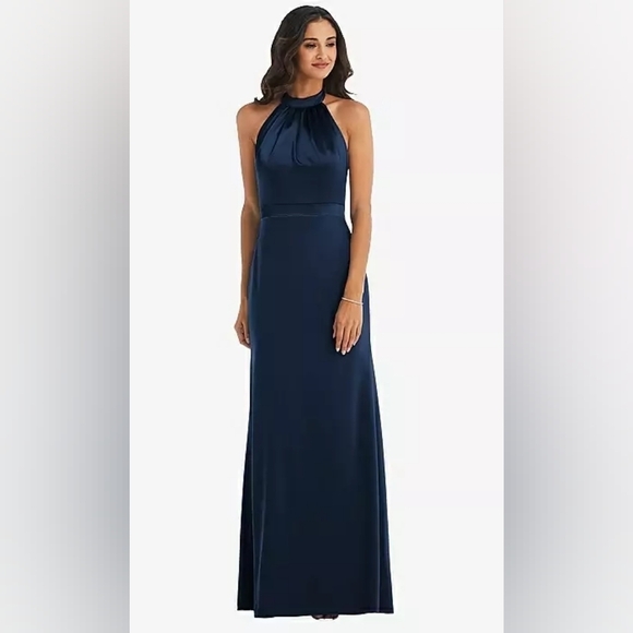 AFTER SIX-HIGH NECK OPEN  BACK MAXI DRESS WITH SCARF TIE IN MIDNIGHT NAVY - Picture 1 of 8